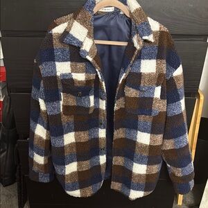 Plaid Sherpa Jacket in Blue and Brown